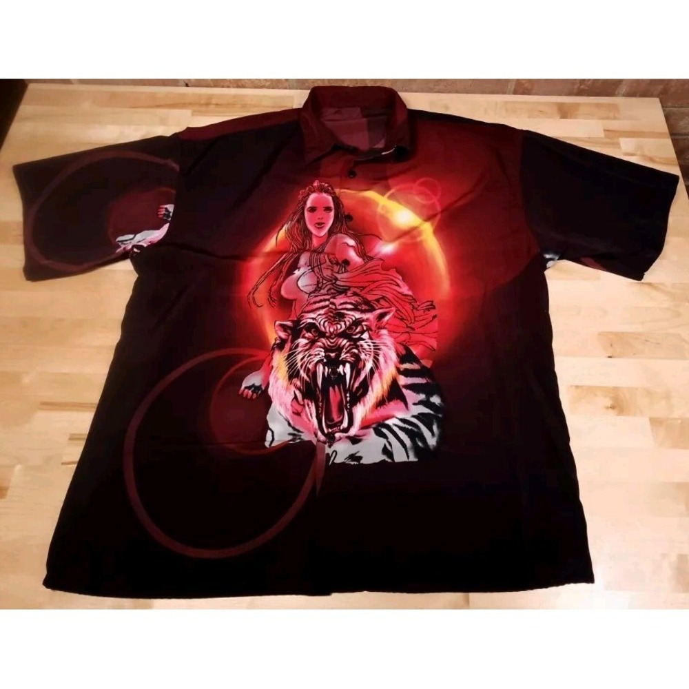 Y2K BIGND Button Down Size XL Anime Shirt Sexy Girl Tiger Baggy Streetwear Urban
